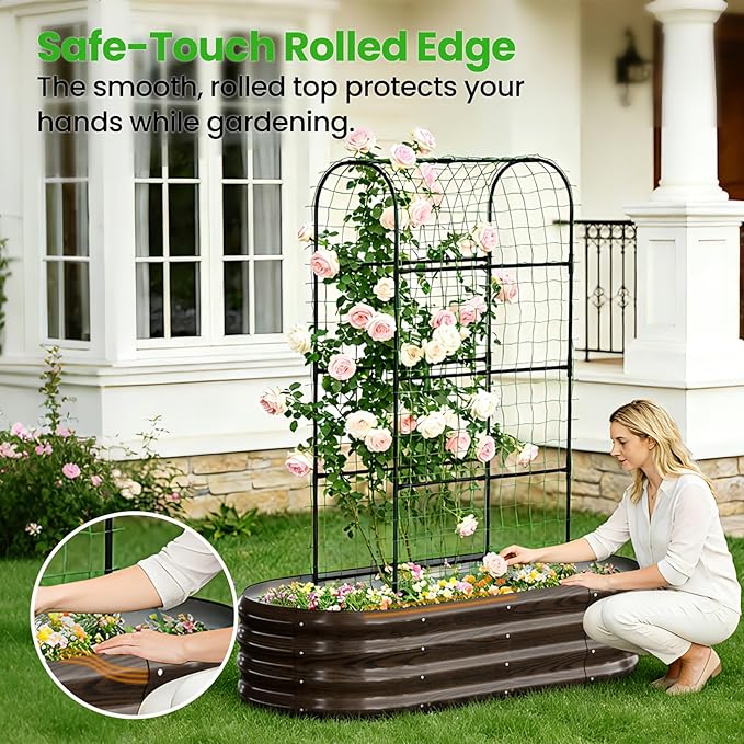 DoCred 2 in 1 Galvanized Raised Garden Bed, 1Pcs Garden Planter Box with 71" H Trellis for Climbing Plants, Outdoor Gardening Raised Beds with Climbing Net for Fruits, Vegetables, Flower (Wood Grain)