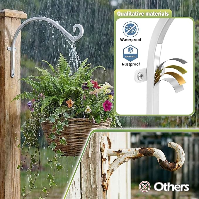 Lifyzoon Hanging Plant Brackets Outdoor: 50lbs Weight Capacity - Hanging Plant Hangers Wall Hooks 2 Packs, 12-Inch Wall Mount Brackets for Bird Feeder, Flower Baskets, White