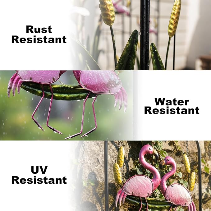 Flamingo Metal Garden Trellis with Solar Lights for Climbing Plant | 1-Pack Weatherproof Iron Plant Trellis, Heavy Duty Potted Cucumber Clematis Support Frame Stake for Outdoor Patio Yard Decor