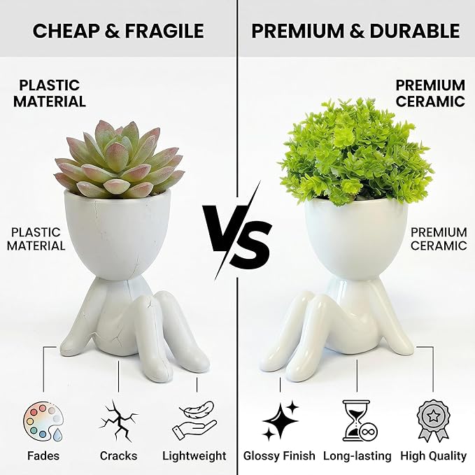 3 Packs Creative Small Fake Plants Artificial Succulents in Ceramic Human Shaped Pots Cute Office Plants For Desk Home Decor Funny Premium Ceramic Faux Succulent Perfect Humorous Gift Idea(3, White)