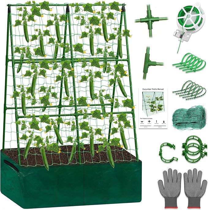 Tidponra Cucumber Trellis for Garden, 34 X 47 Inches A Frame Gardening Trellis with Fabric Raised Garden Bed, Climbing Net and Plant Support Clips for Climbing Plants
