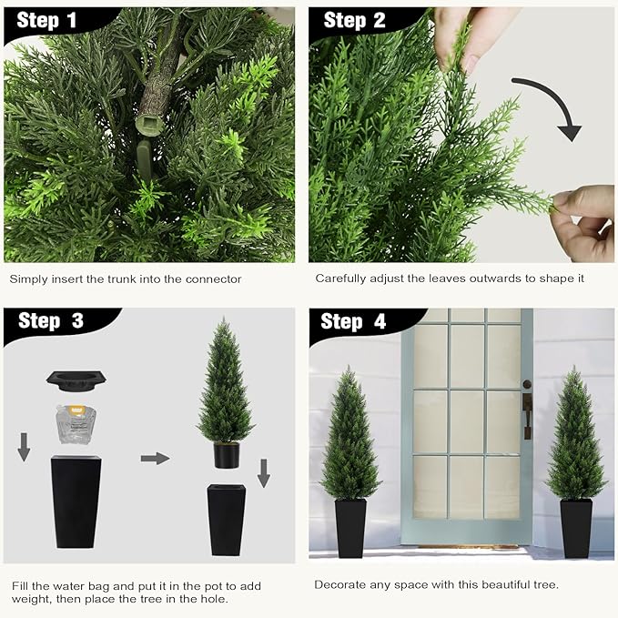 5FT Tall Artificial Cedar Topiary Tree with Compact Pyramidal Shape, Realistic Faux Cypress in Square Black Pot with Fillable Water Bag, Outdoor Evergreen for Front Porch Garden Home Decor