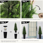5FT Tall 2 Pack Artificial Cedar Topiary Trees with Compact Pyramidal Shape, Realistic Faux Cypress in Square Black Pot with Fillable Water Bag, Outdoor Evergreen for Front Porch Garden Home Decor