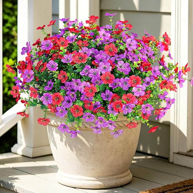 Ammyoo Artificial Fake Plants Flowers for Outdoor Spring Summer Decor, 12 Bundles Faux Silk Daisy for Planter Pot Colorful UV Resistant Look Real for Front Door Porch Patio Outside Yard(Purple Red)