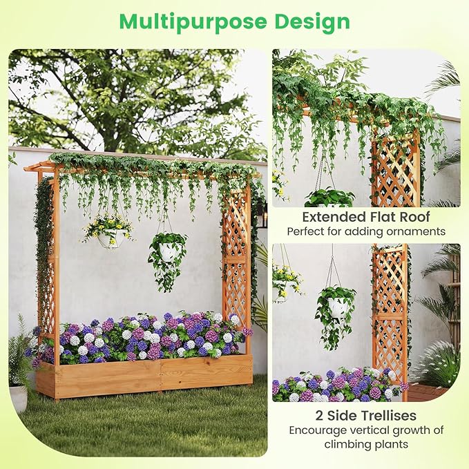 BECOMFORT Raised Garden Bed with Trellis & Hanging Roof, 72" Tall Fir Wood Planter Box with Drainage Holes, Outdoor Elevated Garden Planter for Climbing Vines (Orange, 77" Lx17 Wx72 H)
