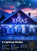 Minetom Solar Christmas Lights Outdoor Waterproof - 40FT 100 LED With 8 Modes - Decoration for Outside House, Tree, Party, Yard - Blue & Pure White