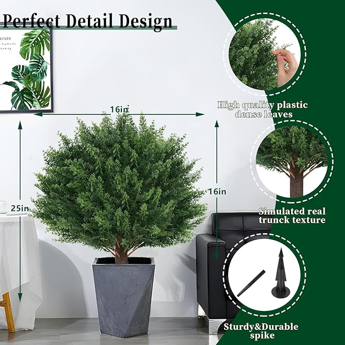 2Pack Artificial Cedar Topiary Ball Trees, 16'' UV Resistant Fake Evergreen Shrubs Bushes Plants with Ground Spike Fake Plants for Outdoor Indoor Front Porch Garden