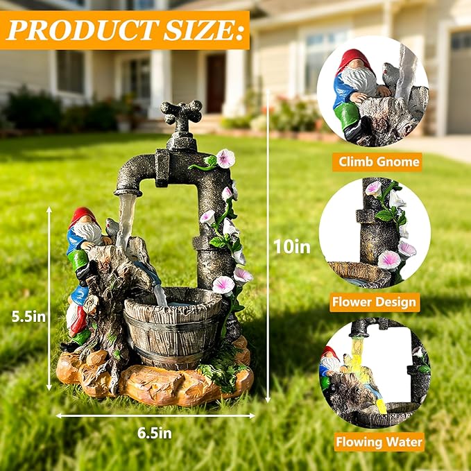 Solar Garden Gnomes Statues Outdoor Yard Decorations, 10" Resin Fountain Gnome Outside Christmas Art Decor for Lawn Patio Porch Backyard,Unique Housewarming Gifts for Women Mom Grandma