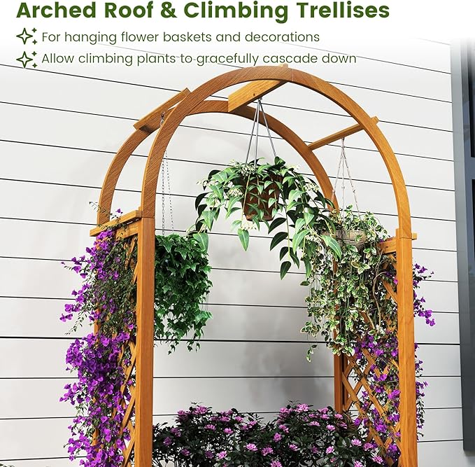 Giantex Set of 2 Raised Garden Bed with Arch Lattice Trellis, for Climbing Vine Flower Vegetable, Wood Planter Box with Liner & Drainage Design, Outdoor Plant Container for Yard Balcony (33"x15"x57")