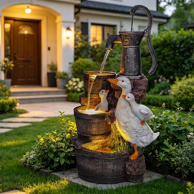 29.1" H Duck Outdoor Fountain with LED, Cascading Waterfall Garden Fountain, Freestanding Water Feature for Patio, Yard, Lawn, Deck and Home Decor