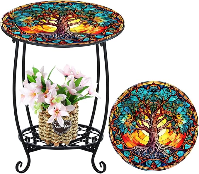 Outdoor Side Table Round Small Mosaic Patio Accent Indoor End Plant Coffee Tea Table for Yard Patio Porch Garden Living Room, Bedroom(Tree of Life Style,16 Inch)