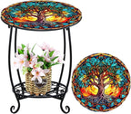 Outdoor Side Table Round Small Mosaic Patio Accent Indoor End Plant Coffee Tea Table for Yard Patio Porch Garden Living Room, Bedroom(Tree of Life Style,16 Inch)