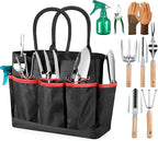 Grenebo Garden Tools 9-Piece Heavy Duty Gardening Hand Tools with Fashion and Durable Garden Tools Organizer Handbag, Rust-Proof Garden Tools Set, Ideal Gardening Gifts for Women (Black Red)