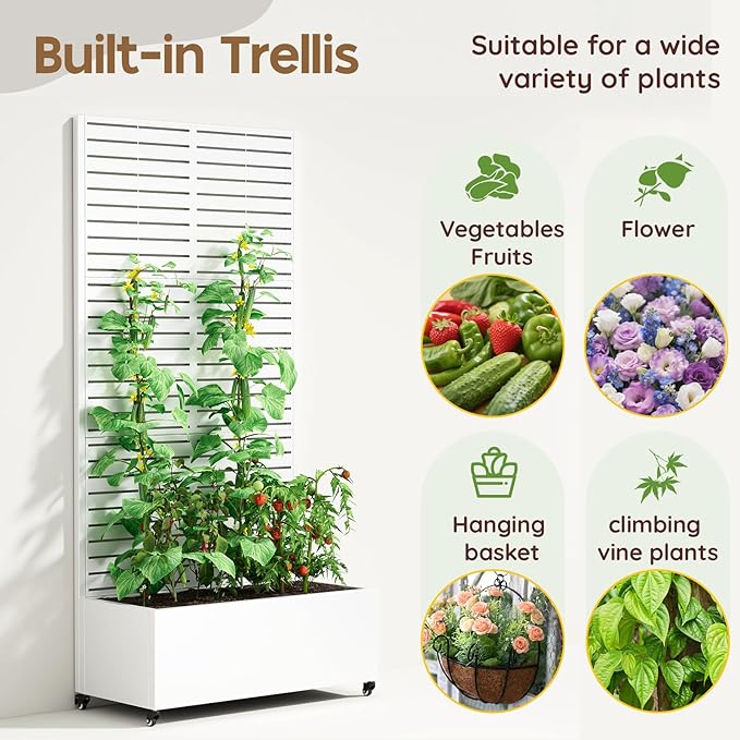 Metal Planter Box with Trellis,72"x35"x15",Galvanized Raised Garden Bed Trellis Outdoor Planter with Privacy Screen & Wheels and Drainage Holes,for Patio Climbing Vegetables,Flowers,Vines,White