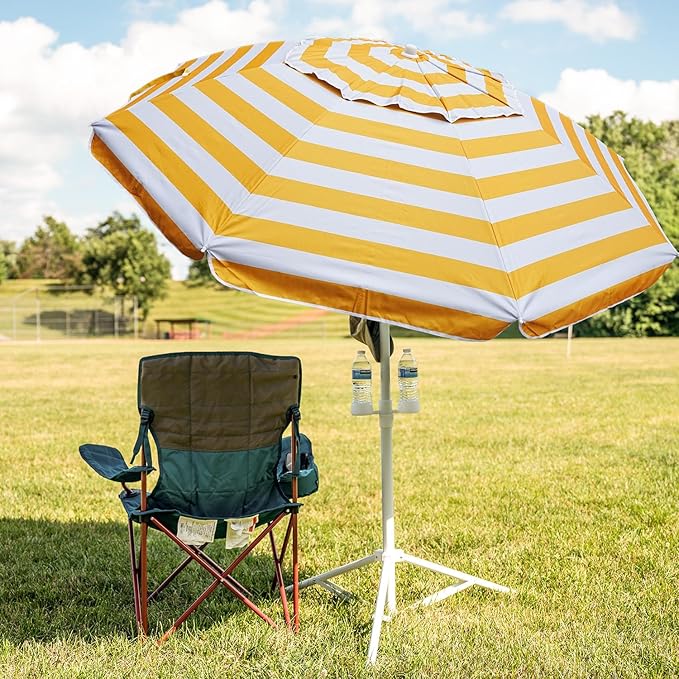 AMMSUN Shade Umbrella, Premium Portable Umbrella with Stand, 6.5ft Lightweight Free Standing Canopy for Sporting Games, Adjustable Instant Sun Protection and Easy to Carry, Stripe Yellow