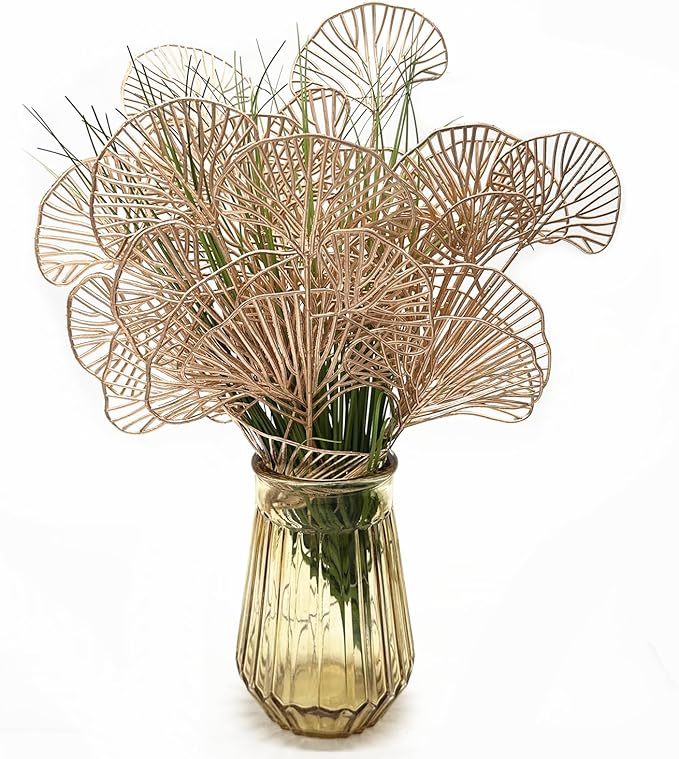 Golden Ginkgo Leaves Stems Christmas Decoration, Artificial Plants Fake Plastic Simulation Apricot Leaf Grass for Wedding Party Indoor Home Office DIY Crafts Flowers Bouquet Xmas Gold Decor - 12 Pack