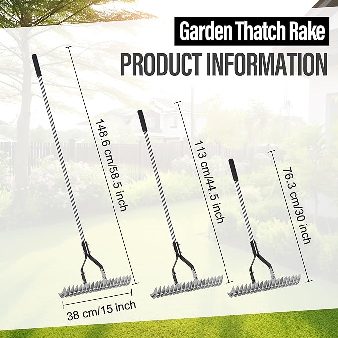 YEELOR Thatch Rake for Lawn, Easily Removes Dead Grass & Thatch, 58.5-Inch Long Handle for Less Bending, Heavy Duty Steel for Yard & Garden