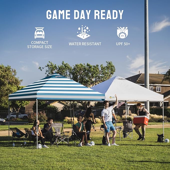 CROWN SHADES 10x10 Pop Up Canopy - Beach Tent with One Push Setup - Easy Outdoor Sun Shade for Events, Parties, Camping - Gazebo with STO-N-Go Cover Bag, Silver Coated Top, Cyan Blue Stripes