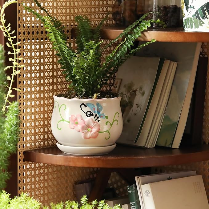 Ceramic Plant Pots with Drainage Holes and Saucers, Round Flower Pots for Indoor Plant, 4/5.2/6.6 Inches Flower Large Planters Set of 3