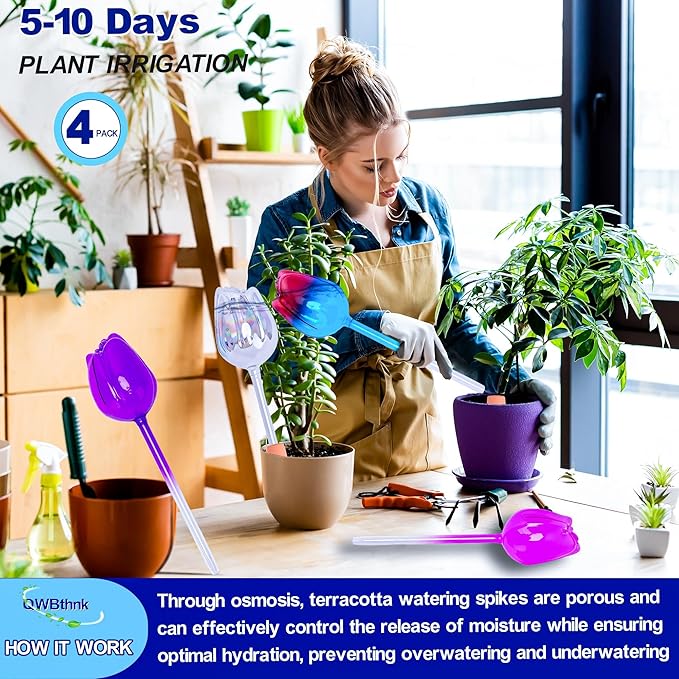 4Pcs No-Clog Glass Plant Watering Globes,Self Watering Planter Insert with Terracotta Watering Spikes,Water Bulbs for Indoor&Outdoor Plants,Vacation Plant Watering Devices,Tulip-Shaped
