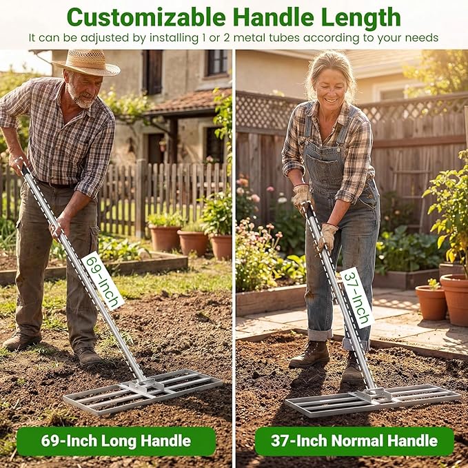 Goplus Lawn Leveling Rake, 30" x 10" Heavy Duty Level Lawn Tool w/ Ergonomic Handle for Soil, Effort-Saving Landscape Rake for Garden, Backyard, Golf Course, Farm, Pasture (Sliver)
