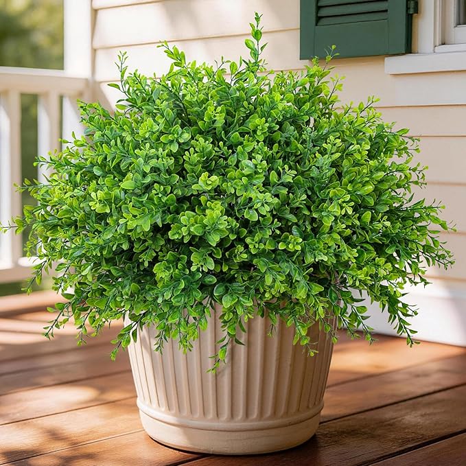 Artificial Plants Fake Greenery for Outdoor Spring Summer Decoration, 12 Bundles UV Resistant Realistic Faux Shrubs Stems No Fade Plastic Boxwood for Planter Garden Patio Balcony Porch Backyard Indoor