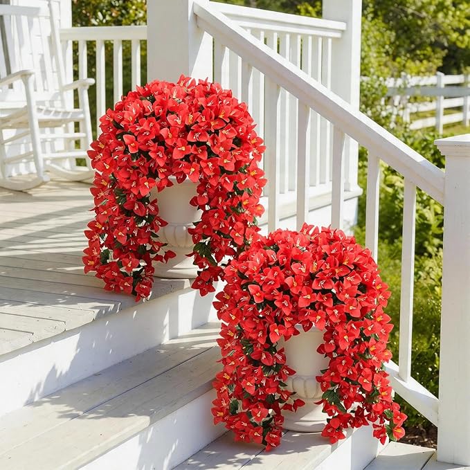 ATTGREAT Artificial Bougainvillea for Outdoors Faux Plants UV Resistant Flowers Fake Plastic Plants Realistic Silk Flowers for Porch Planter Garden Outside Hanging Decoration, 2Pcs (Red)