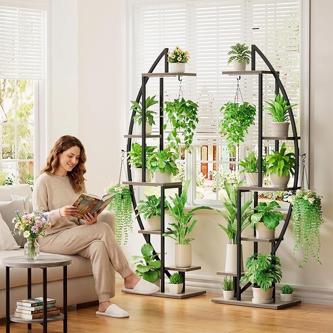 BACEKOLL Plant Stand Indoor with Grow Lights, 6 Tiered Tall Plant Shelf, 63" Metal Plant Stand for Indoor Plants Multiple, Half-Moon Plant Rack Display Shelf, 2 Pcs Plant Holder for Living Room, Grey