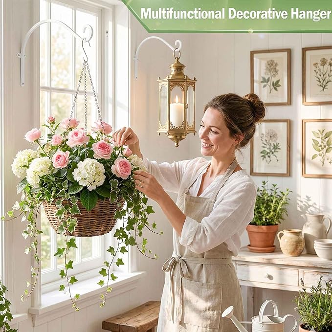 Lifyzoon Hanging Plant Brackets Outdoor: 50lbs Weight Capacity - Hanging Plant Hangers Wall Hooks 2 Packs, 12-Inch Wall Mount Brackets for Bird Feeder, Flower Baskets, White