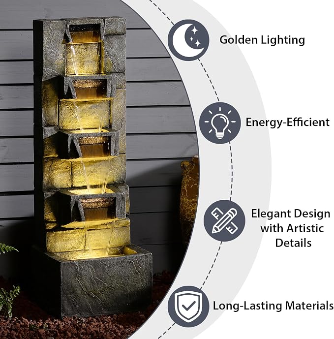 Outdoor Waterfall Fountain with LED Lights, 41” Tall Stone-Look Cascading Water Feature for Home Décor, Realistic Flowing Water Sound for Relaxation, Freestanding Indoor/Outdoor Fountain