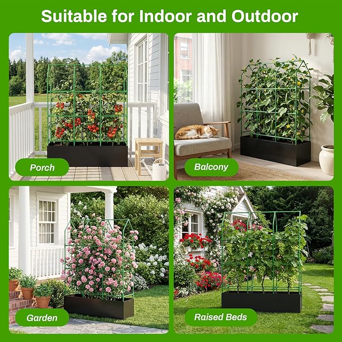 Large Cucumber Trellis with Grow Bag, 65" Tall Metal Garden Trellis for Climbing Plants Outdoor, Reusable Cucumber Trellis for Raised Bed with Netting for Tomatoes, Peas, Grapes Plant Support