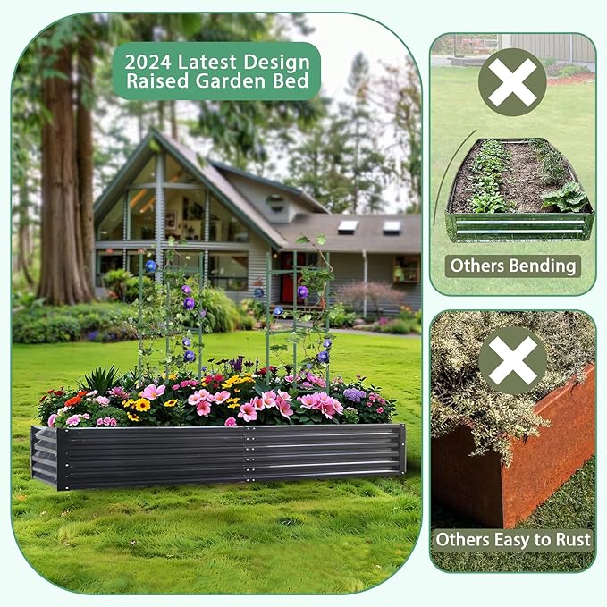 Metal Raised Garden Bed 8x4x1.5Ft Tall Outdoor Large Metal Galvanized Planter Boxes Kit for Vegetables, Flowers and Herbs,Garden Beds with 2Pcs Tomato Cage 1Pc Gloves,Black