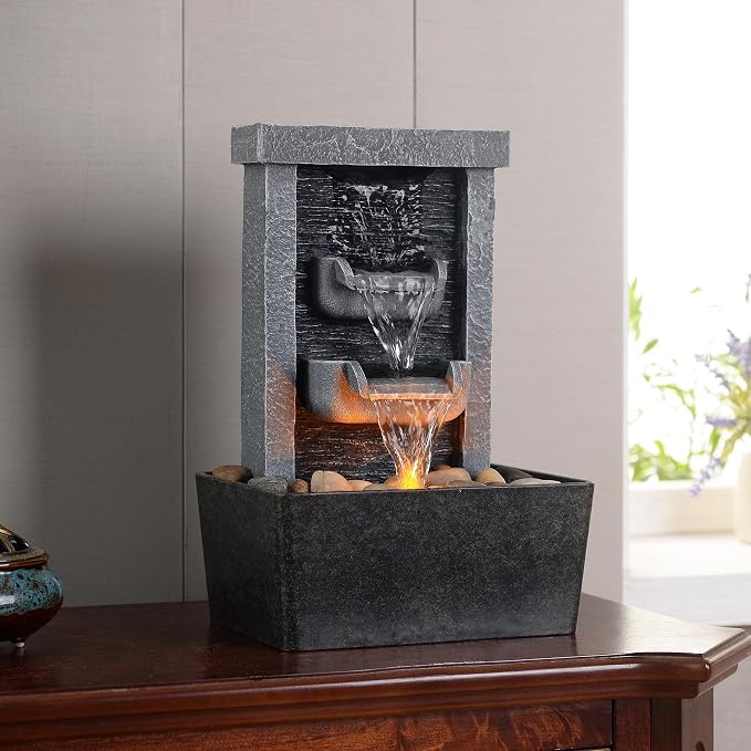 GOSSI Indoor Waterfall Fountain, 10.3" Tabletop Water Fountain with LED Lights & River Rocks, Relaxing Home Office Decor