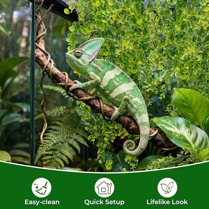 RAINFLOW 2PCS Fake Hanging Plants Reptile Habitat Vines – Artificial Terrarium Plants with Iron Stem, UV Resistant Faux Vines for Bearded Dragon Gecko Snake Turtle Tank Enclosure Decor Indoor Outdoor