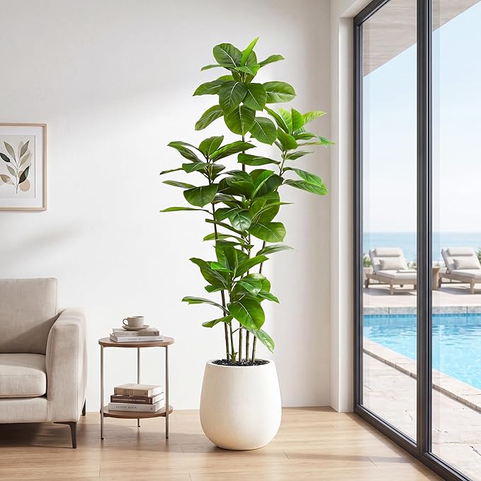 Ficus Tree Artificial Plants Indoor, 6FT Tall Fake Trees in White Pot, Large Potted Silk Floor Plant Artificial Trees, Green Lifelike Faux Ficus Tree for Home Room Office Porch Decor-Green
