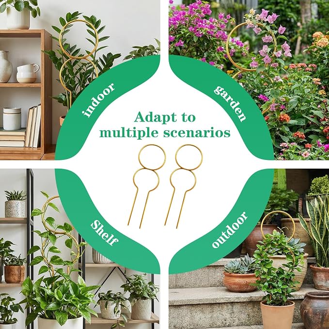 Nogeqi 2 Pcs Plant Support for Climbing, Metal Plant Trellis Indoor, 12 Inch Small Plant Stakes for Indoor Plants, Trellis for Climbing Plants Garden Potted (Gold)