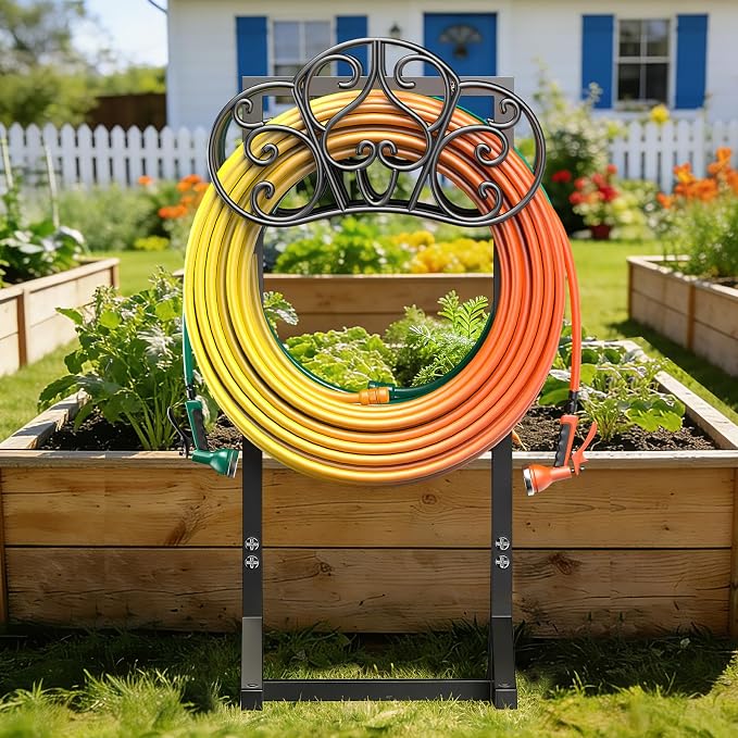 Garden Hose Holder Holds 2 * 160Ft Hoses, Heavy-Duty Freestanding Water Hose Holder with 4 Spikes, Rustproof Hose Stand Hose Hanger Storage Hose Rack for Outside, Yard, Lawn, Farm