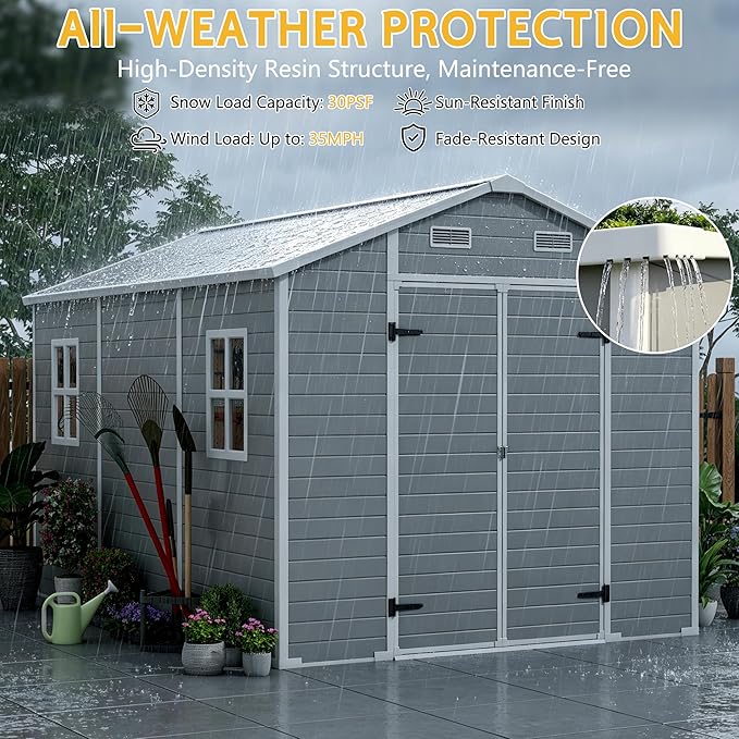 PIPLEO 8x12 FT Resin Outdoor Storage Shed with Floor, Plastic Garden Storage Shed with Lockable Door & Vent, All Weather Versatile Tool Shed for Backyard, Patio, Lawn, Cloud Gray