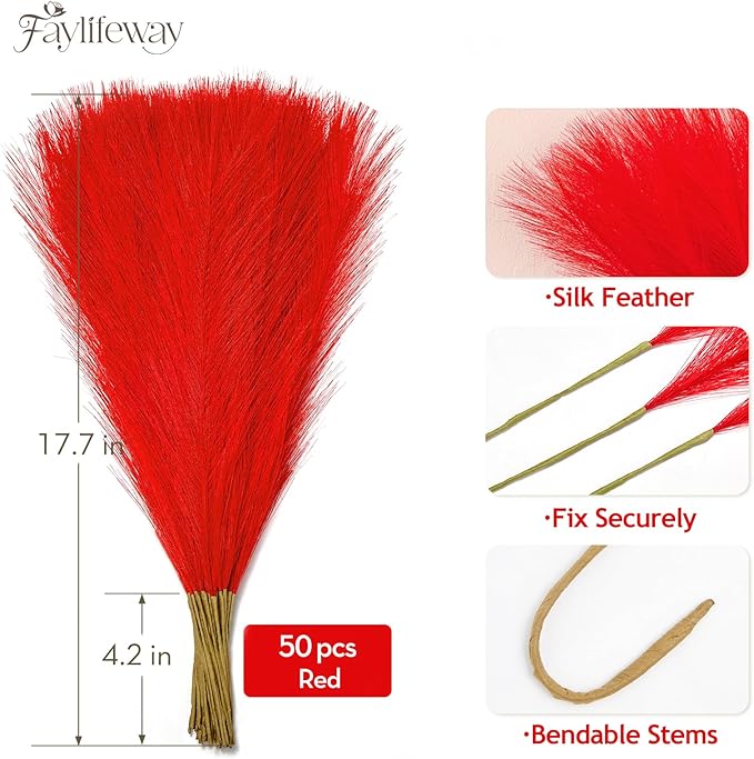 50 PCS Red Pampas Grass, 17in Pampas Grass Decor, Artificial Pompas Wall Decor for Vase Room Bedroom Kitchen Table Wedding Party Birthday Baby Showers（Red）