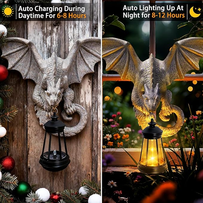 Dragon Tree Hugger Garden Statue - Resin Dragon Figurine Wall Hanger Sculptures Decor with Solar Lantern Lights, Outdoor Waterproof for Balcony Wall Porch Yard, Gifts for Mom Women Mother's Day