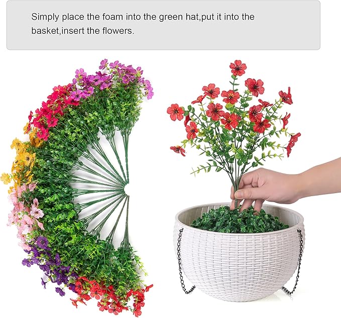 HyeFlora Artificial Faux Hanging Flowers Plants Basket for Outdoor Outside Decoration, Fake Silk Colorful Daisy in Planter for Porch Patio Garden Yard Home