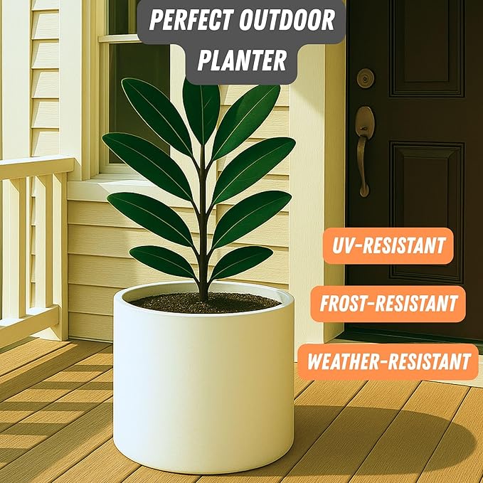 Fox & Fern 15" Large Planter Fits Plant Stand - Fiberstone - Drainage Plug - Indoor Outdoor - Matte White