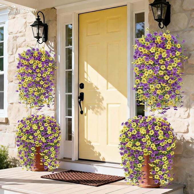Artificial Hanging Flowers for Outdoors Spring Summer Decoration, 4PCS UV Resistant Silk Fake Hanging Plants for Patio Porch Front Yard Window Garden Indoor Decor(Purple&Yellow,4PCS)