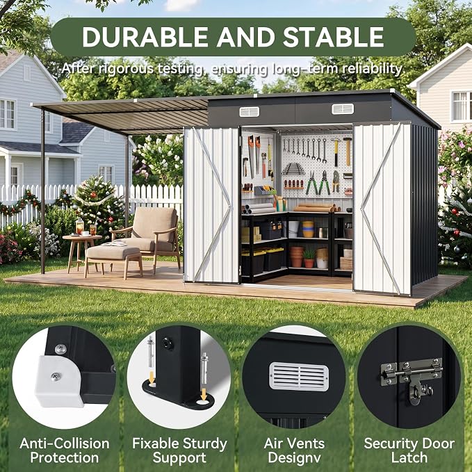 Aoxun 7x6FT Outdoor Storage Shed & Hardtop Canopy Gazebo Combo | 13.3x5.6FT Metal Lean to Shed, 2-in-1 Garden Bike Shed for Patio, Backyard, Deck, Black