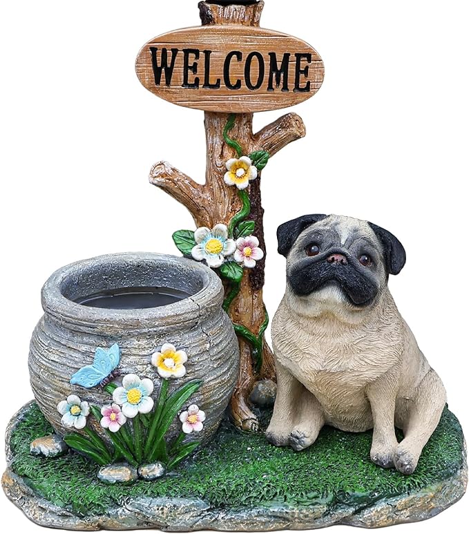 Animal Outdoor Statue Planter Solar Light Welcome Garden Sculpture Resin Flower Pot Decorative Porch Patio Yard Lawn Entryway Figurine with LED Lamp Rustic Plant Holder Ornament Courtyard (O)