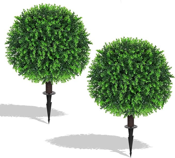 Artificial Eucalyptus Topiary Ball Trees, 2 Set of 16'' UV Resistant Fake Evergreen Shrubs Bushes Plants with Ground Spike, Fake Plants for Outdoor Indoor Front Porch Garden