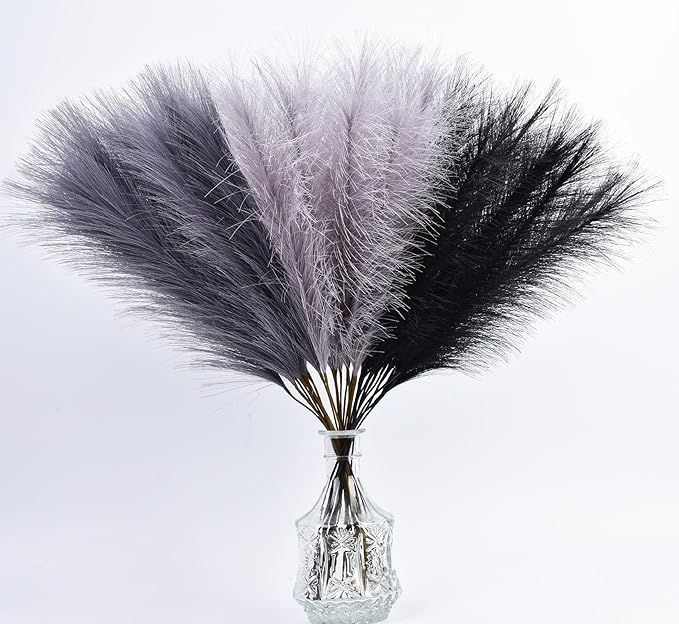 LSKYTOP Grey Pampas Grass Decor,23Inch 12pcs Faux Pampas Grass Bouquets Artificial Pampas Fake Pampas Flower for Home Living Room Bedroom Vase Decor