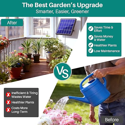 Biling Solar Powered Automatic Drip Irrigation System, 6 Modes Smart Watering Kit with 2200mAh Battery & Low Water Alarm, for 15 Potted Plants in Garden, Greenhouse, Patio