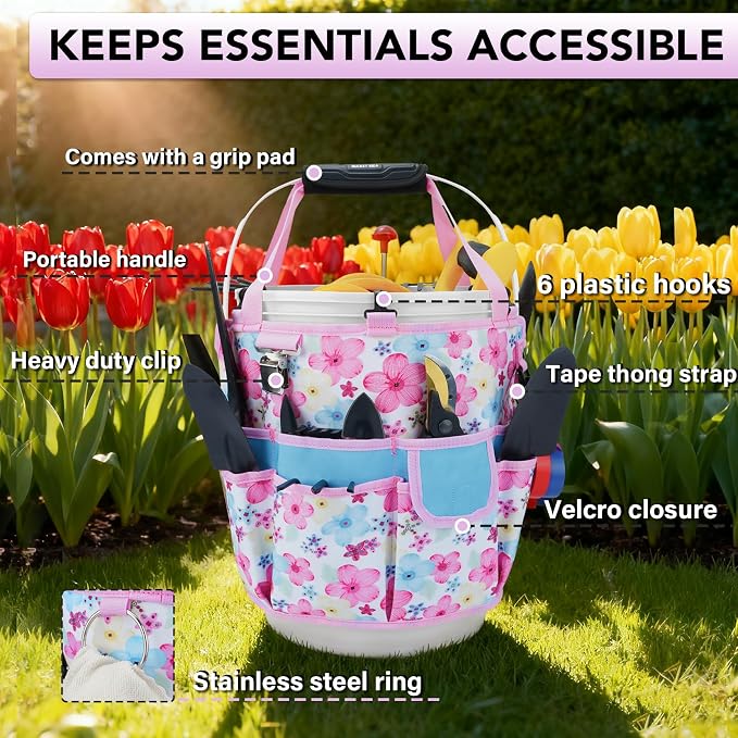 KUNN Gardening Gift for Women Men 5 Gallon Bucket Tool Organizer with 18 Pockets, Heavy-Duty Bucket Buddy Caddy Bag, Garden Tools Organizer Storage with Comfort Grip Handle Pad Attachment,Pink