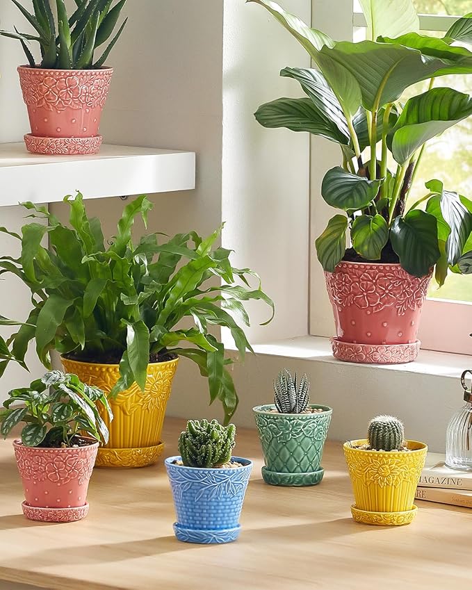 Metahom Succulent Ceramic Pots, 3.8 Inch Small Plant Pots with Drainage Hole & Saucer, Flower Planter Pot for House Plants Cacti, Home Decor, Set of 4, Assorted Colors